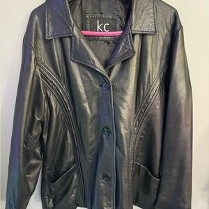 KC Collections Women's Black 100% Leather Button Front Jacket Size Large Pockets